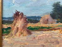 Gaston Bonfils Signed Oil Painting, Haystacks in a French Harvest Landscape, 19th Century on Wood Panel, Carved Frame