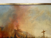 Attributed to Theodore Gudin (1802-1880), Fire by the Coast, Oil on Canvas Study, 19th Century, Framed