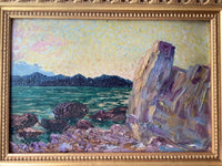 French Impressionism Herve Le Loup de Sainville (1861-1930), Sunset Seascape in L'Esterel, Signed Oil on Cardboard, Framed - Oil Painting - Sunset Seascape and Rocky Coast