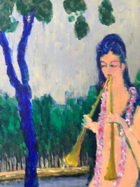 Ramon Dilley (b. 1932), Woman Playing Music with Peacock, Signed Oil on Canvas, 1996, Framed