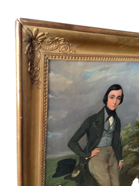 Charles Suan, Gentleman in a Landscape with His Dog, 1839, Signed French Romantic Oil on Canvas, Framed