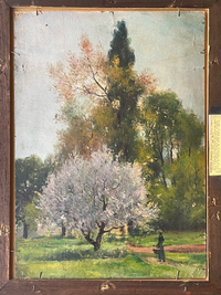 Gaston Bonfils Signed Oil Painting, Haystacks in a French Harvest Landscape, 19th Century on Wood Panel, Carved Frame