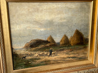 Alexandre Gaston Guignard (1848-1922), Sheeps in a Haystack Landscape, Signed Oil on Canvas, 19th Century, Framed