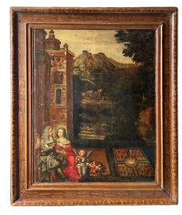 17th Century French Oil on Panel, Gallant Scene in a Garden, Old Master Baroque Original, Framed