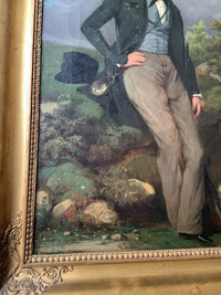 Charles Suan, Gentleman in a Landscape with His Dog, 1839, Signed French Romantic Oil on Canvas, Framed