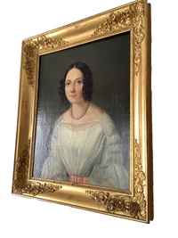 19th Century French Realist Oil Portrait of a Woman with a Pearl Necklace, Framed, Oil on Canvas