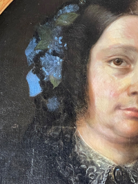 Portrait of a Woman with Blue Flowers in Her Hair, Oil on Canvas, 19th Century French School, Gilt Oval Frame