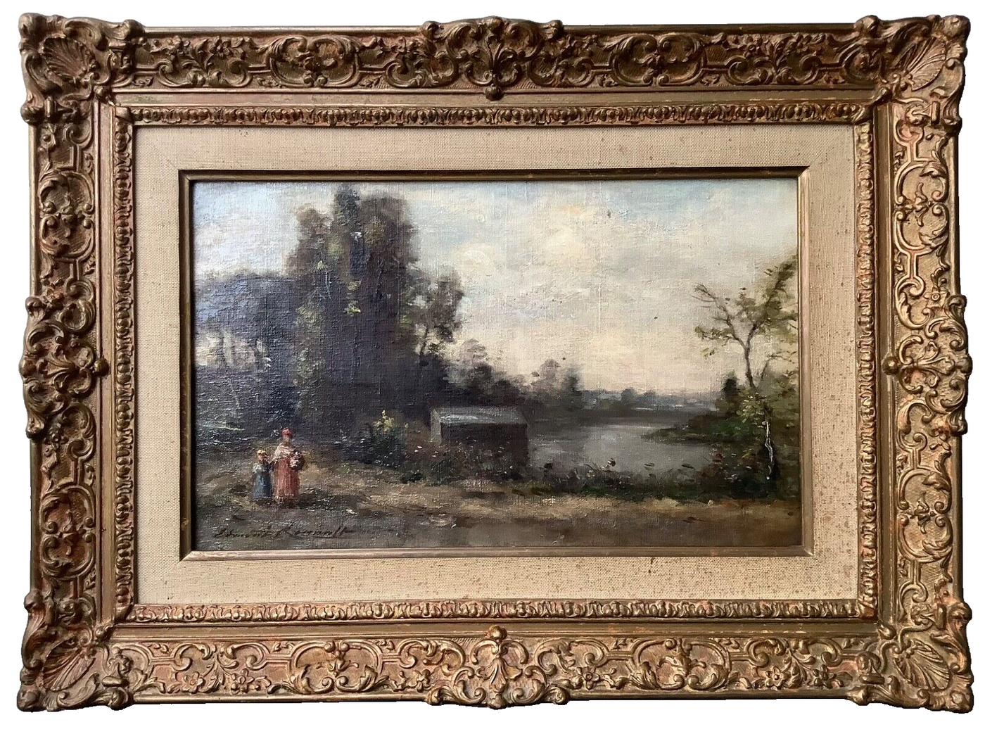 French Barbizon School Oil Painting, Women by the River in an Animated Landscape, 19th Century Signed on Canvas, Ornate Gilt Frame