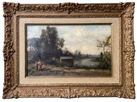 French Barbizon School Oil Painting, Women by the River in an Animated Landscape, 19th Century Signed on Canvas, Ornate Gilt Frame