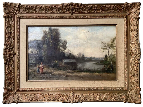 Signed Barbizon river landscape by Edmond Renault with women and child on a path, ornate gilt frame