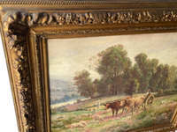 Signed Oil Painting by Desvarreux-Larpenteur, Farmers with Cows and Sheep in a Forest, 1890s Original