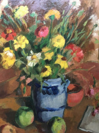 Andre Charigny (1902-2000), Still Life with Flowers and Apple, Signed Oil on Wood Panel, Framed
