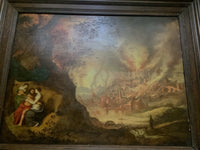 The Fire of Sodom, Lot and His Daughters, Flemish Old Master Oil on Panel, Close to Gillis Mostaert, Framed