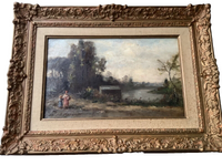 French Barbizon School Oil Painting, Women by the River in an Animated Landscape, 19th Century Signed on Canvas, Ornate Gilt Frame