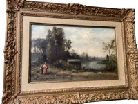 French Barbizon School Oil Painting, Women by the River in an Animated Landscape, 19th Century Signed on Canvas, Ornate Gilt Frame