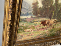 Signed Oil Painting by Desvarreux-Larpenteur, Farmers with Cows and Sheep in a Forest, 1890s Original