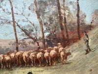 French Impressionist Oil Painting, Shepherd with Sheep in a Winter Landscape, Early 20th Century on Wood Panel, Gilded Frame