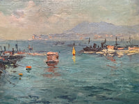 French School, Seascape with Harbor and Ships, Oil on Canvas, Early 20th Century, Framed