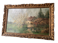 Paul Emmanuel Peraire (1829-1893), Farm Landscape in Spring, Signed Oil on Canvas, 19th Century, Framed
