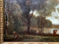 Antique Barbizon School Oil Painting, Lively Landscape With Figures by a River, 19th Century French Art on Wood Panel, Gilded Frame