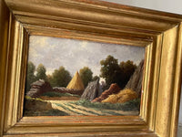 Eugene Forest (1808-1891) Signed Oil Painting, Haystacks Landscape 1882, French Barbizon School on Wood Panel, Gilded Frame