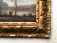 Antique Barbizon School Oil Painting, Lively Landscape With Figures by a River, 19th Century French Art on Wood Panel, Gilded Frame