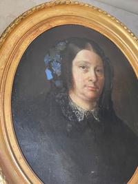 Portrait of a Woman with Blue Flowers in Her Hair, Oil on Canvas, 19th Century French School, Gilt Oval Frame