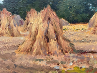 Gaston Bonfils Signed Oil Painting, Haystacks in a French Harvest Landscape, 19th Century on Wood Panel, Carved Frame