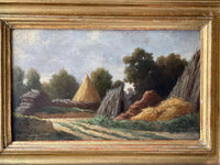 Eugene Forest (1808-1891) Signed Oil Painting, Haystacks Landscape 1882, French Barbizon School on Wood Panel, Gilded Frame