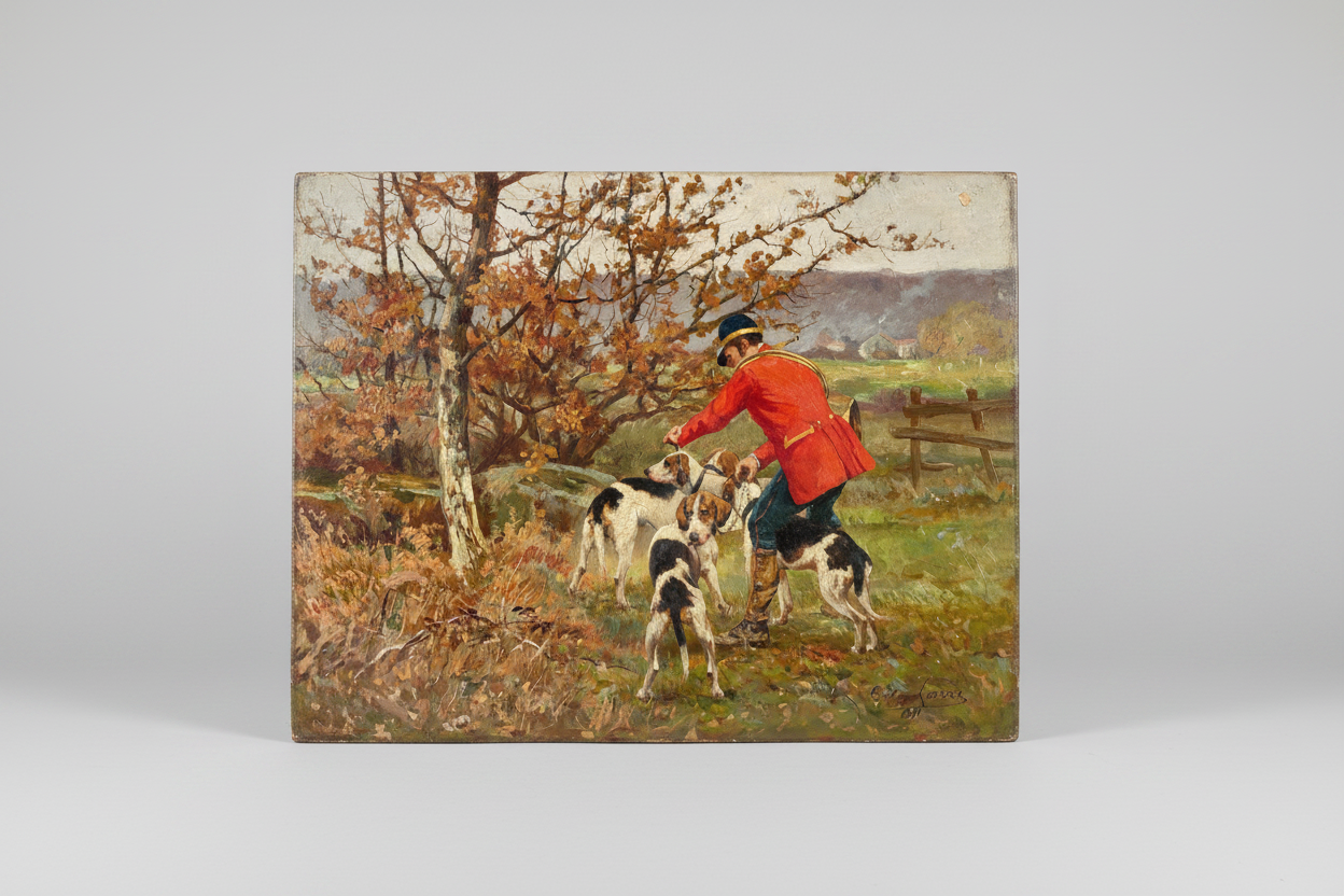 Tristan Lacroix (1839-1914), Courtyard Hunting, Signed Oil on Wood Panel, 1891