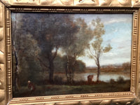 Antique Barbizon School Oil Painting, Lively Landscape With Figures by a River, 19th Century French Art on Wood Panel, Gilded Frame