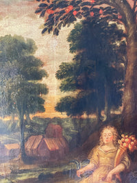 17th Century French Oil on Panel, Allegory of Autumn, Young Woman in Rural Harvest Scene, Baroque Original, Framed