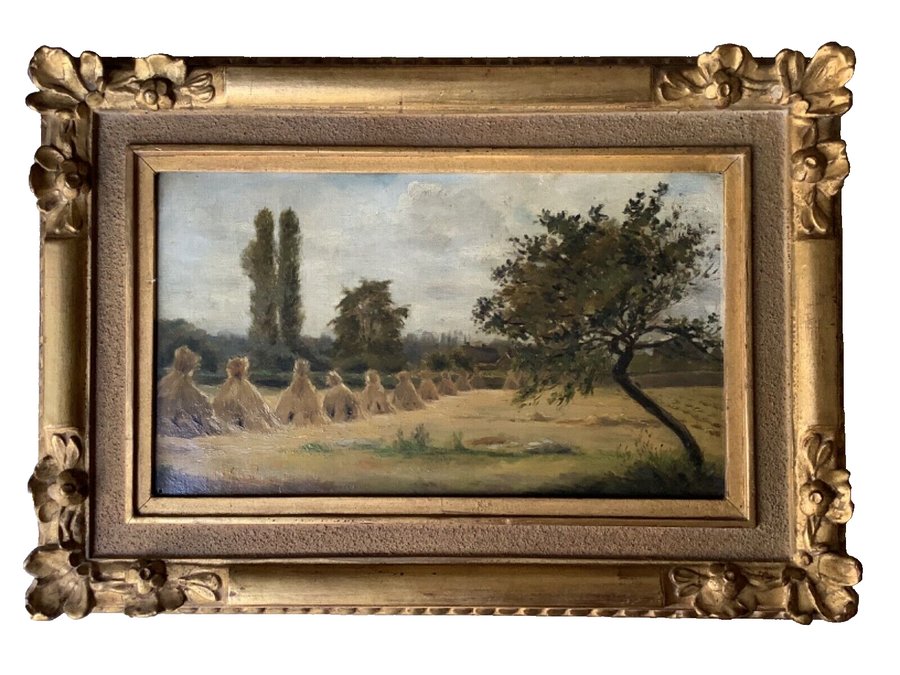 Signed 19th century haystacks landscape by Adolphe Cals with poplars and apple tree, gilt frame