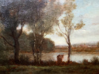 Antique Barbizon School Oil Painting, Lively Landscape With Figures by a River, 19th Century French Art on Wood Panel, Gilded Frame