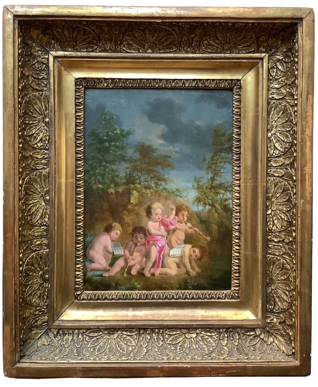 Flemish School, 17th Century, Putti Musicians in a Landscape, Oil on Wood Panel, Framed