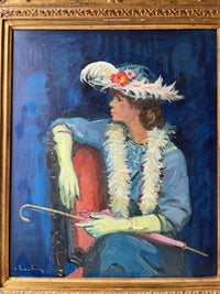 Andre Chochon (1910-2005), Portrait of a Woman with Yellow Gloves, Signed French Impressionist Oil on Canvas, 1960s, Framed