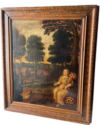 17th Century French Oil on Panel, Allegory of Autumn, Young Woman in Rural Harvest Scene, Baroque Original, Framed