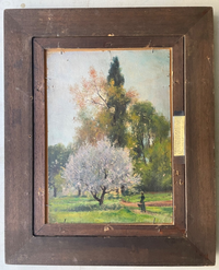 Gaston Bonfils Signed Oil Painting, Haystacks in a French Harvest Landscape, 19th Century on Wood Panel, Carved Frame