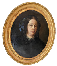 Portrait of a Woman with Blue Flowers in Her Hair, Oil on Canvas, 19th Century French School, Gilt Oval Frame
