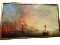 Attributed to Theodore Gudin (1802-1880), Fire by the Coast, Oil on Canvas Study, 19th Century, Framed