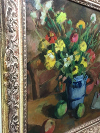 Andre Charigny (1902-2000), Still Life with Flowers and Apple, Signed Oil on Wood Panel, Framed