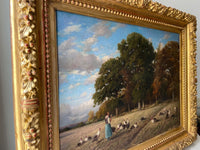 Emile Michel Signed Oil Painting, Pastoral Shepherdess in the Fields, 1872, Framed French Realist Original