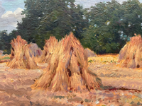 Gaston Bonfils Signed Oil Painting, Haystacks in a French Harvest Landscape, 19th Century on Wood Panel, Carved Frame