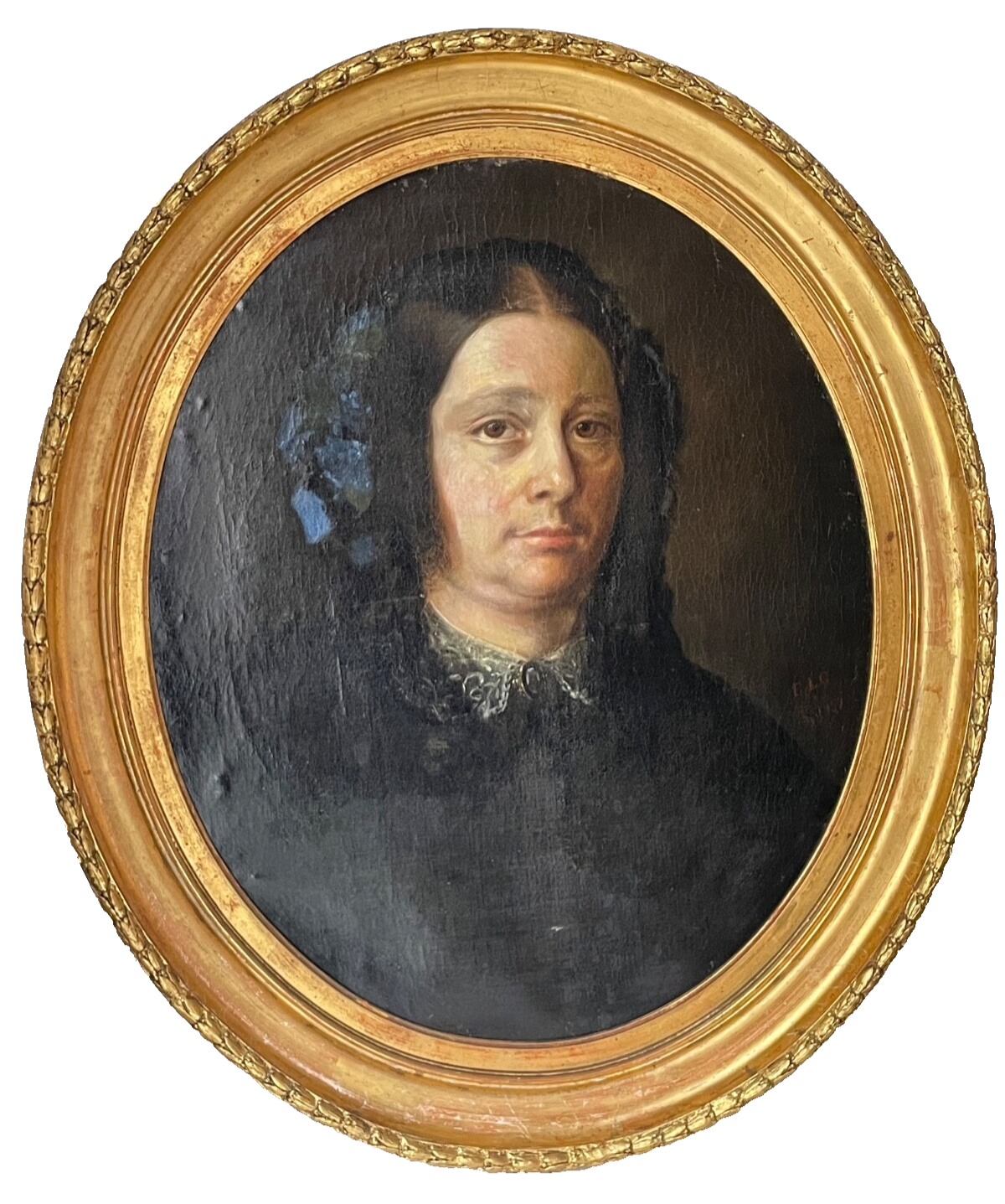 19th century French oil portrait of a woman with blue flowers in her hair, gilt oval frame