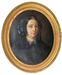 Portrait of a Woman with Blue Flowers in Her Hair, Oil on Canvas, 19th Century French School, Gilt Oval Frame