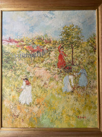 Signed Impressionist Oil Painting, Fruit Picking Scene by René Sinicki (b. 1910), 1970s French Figurative Landscape on Canvas