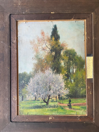Gaston Bonfils Signed Oil Painting, Haystacks in a French Harvest Landscape, 19th Century on Wood Panel, Carved Frame