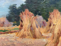 Gaston Bonfils Signed Oil Painting, Haystacks in a French Harvest Landscape, 19th Century on Wood Panel, Carved Frame