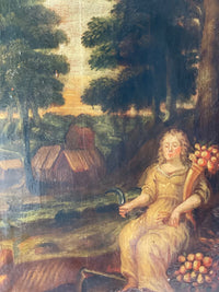 17th Century French Oil on Panel, Allegory of Autumn, Young Woman in Rural Harvest Scene, Baroque Original, Framed