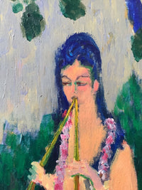 Ramon Dilley (b. 1932), Woman Playing Music with Peacock, Signed Oil on Canvas, 1996, Framed